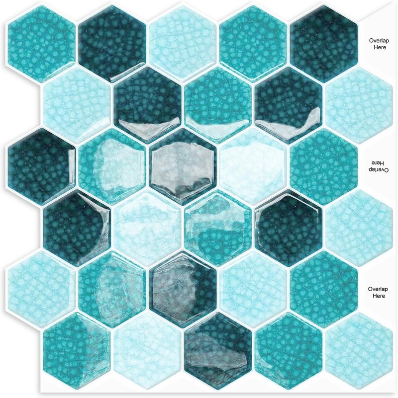 MOONFUN Hexagon Peel and Stick Backsplash Tile,10 Sheets 3D Self Adhesive Wall Tile Sticker（Blue Mosaic）, IN - Image 1